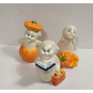 Vintage 1981 Three Hand Painted Ceramic Halloween Ghosts Pumkins Signed